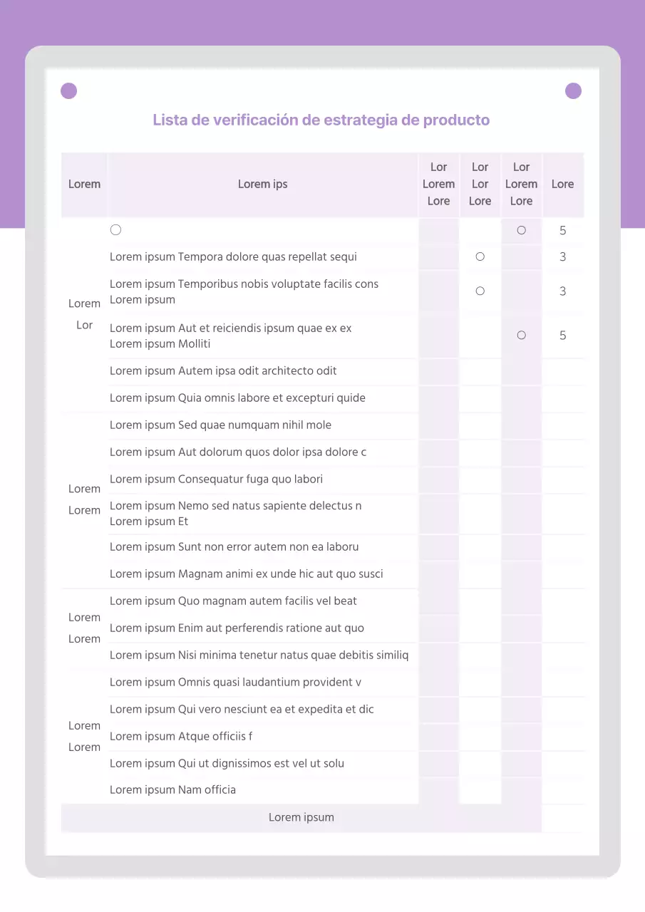 Lista de comprobación de la estrategia de producto en púrpura Desarrollo de productos Competencia de productos Lista de comprobación de marketing empresarial Documentación