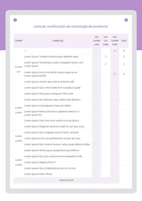 Lista de comprobación de la estrategia de producto en púrpura Desarrollo de productos Competencia de productos Lista de comprobación de marketing empresarial Documentación