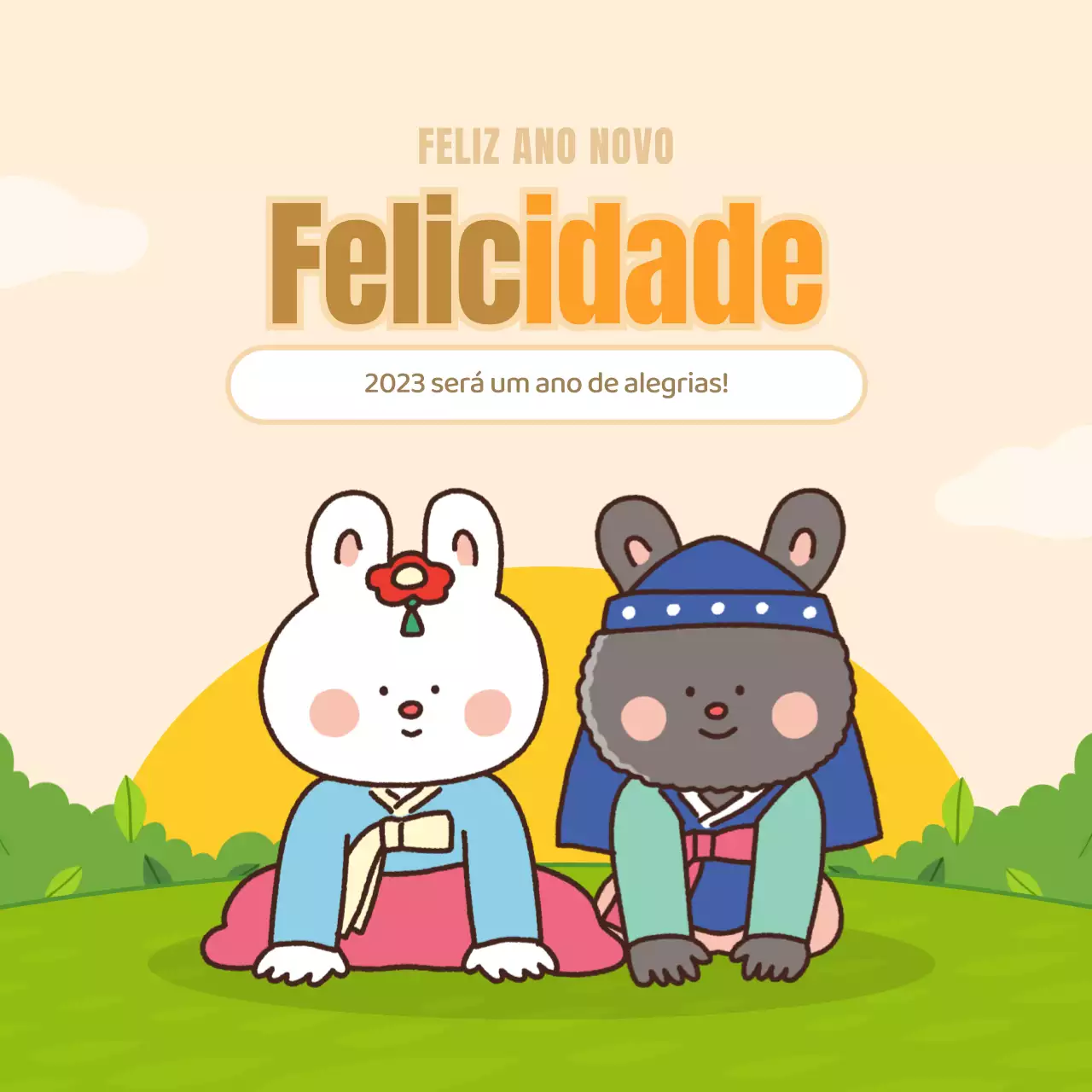 Saudações de Ano Novo de um coelhinho giro em amarelo e verde