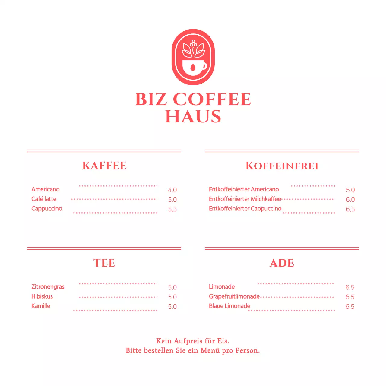 Preisgestaltung der Speisekarte für ein einfaches rot-weißes Konzept-Café