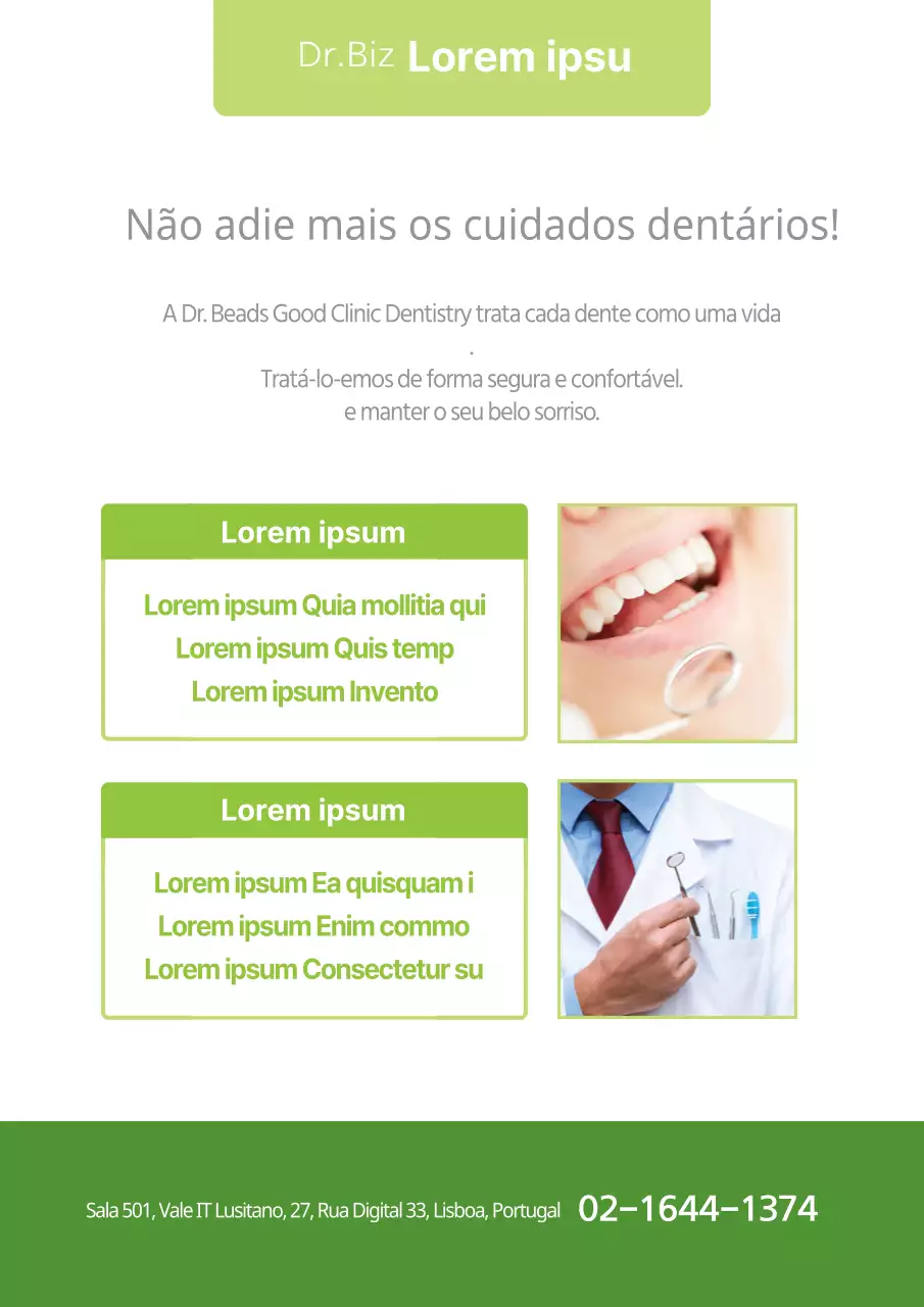 Localizações e horários de dentistas com fotos em verde