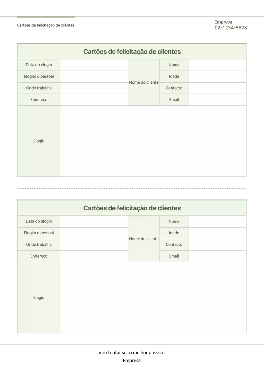 Um modelo simples de documentação do cartão verde de felicitações ao cliente