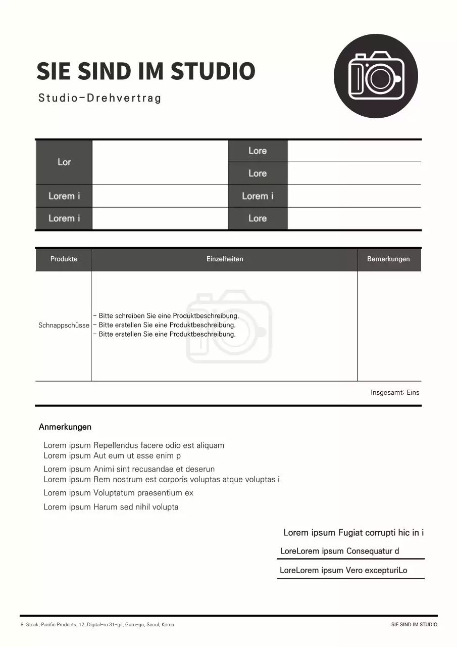 Ein sauberes, schwarz-weißes Vertragsdokument zum Filmen