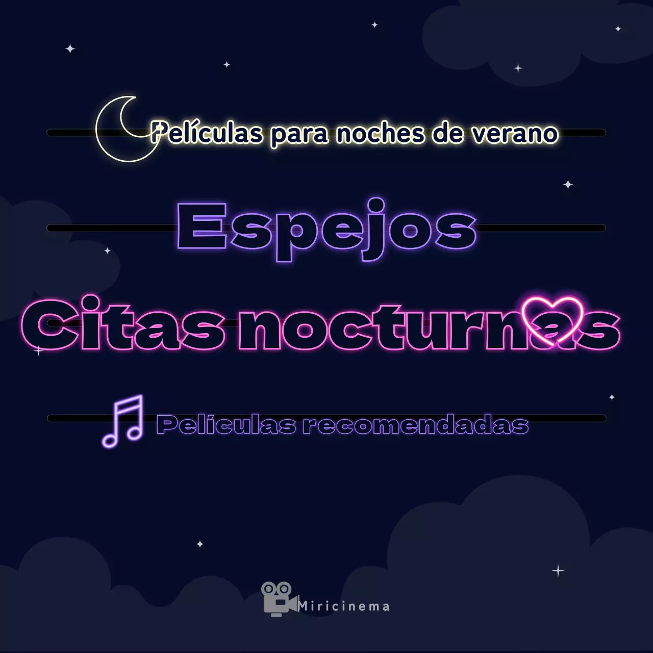 Recomendaciones de películas para una cita nocturna con fondo azul marino y letreros de neón