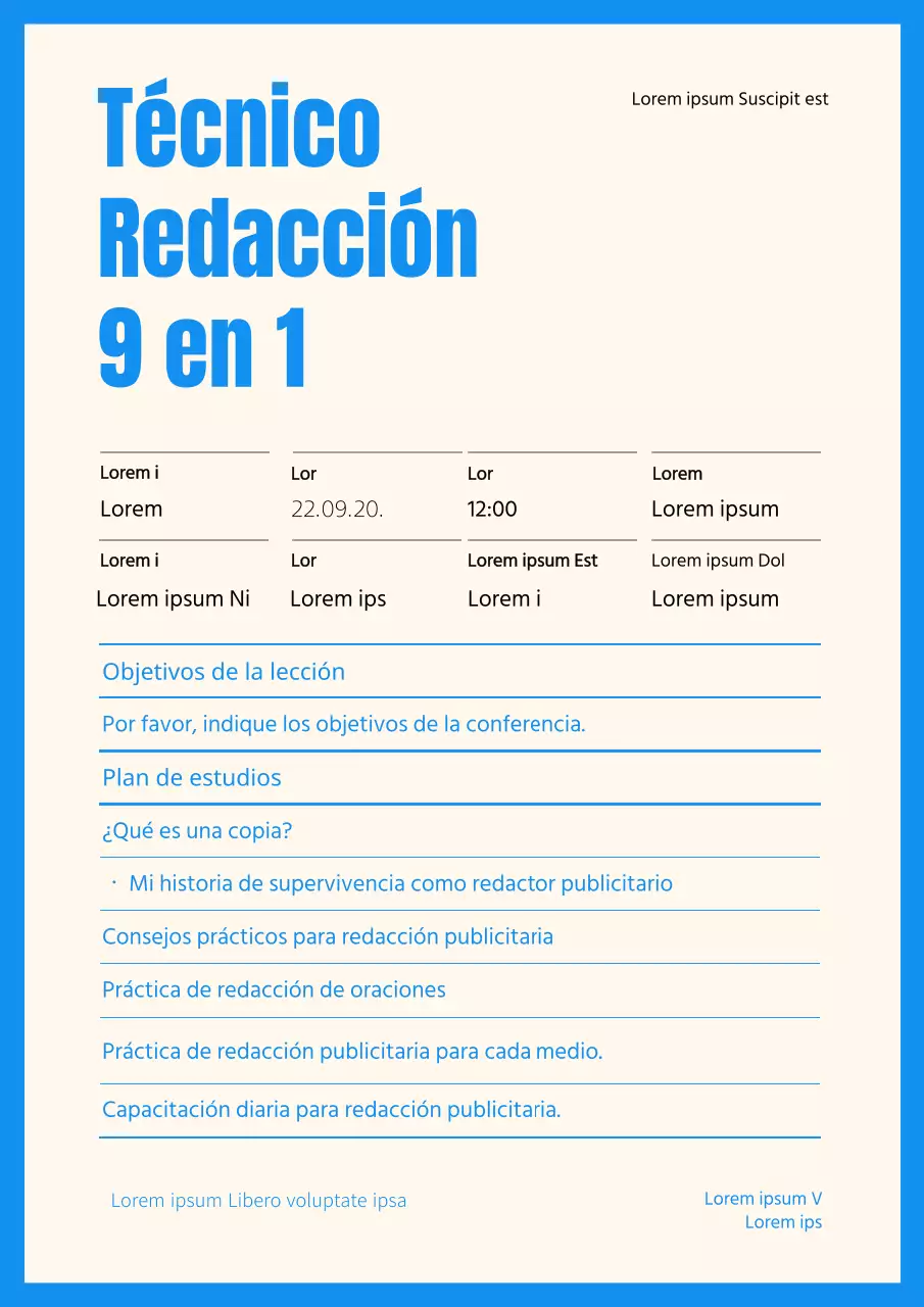 Programa del curso de redacción técnica de documentos curriculares en azul y marfil