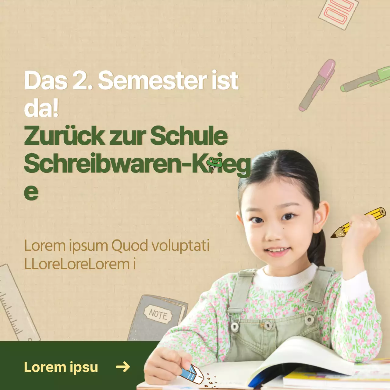 Verkauf von grünen und braunen Schreibwaren für die Schule