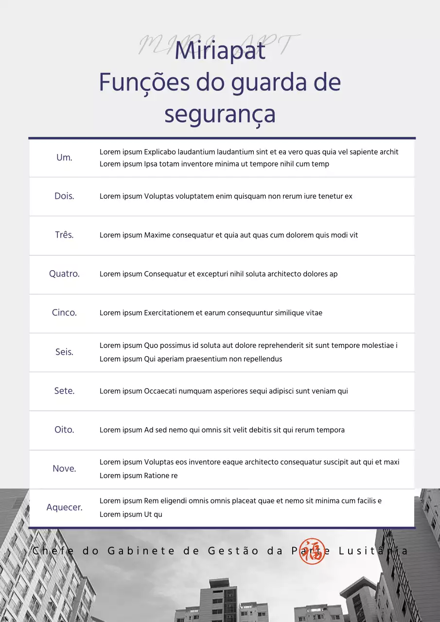 Guardas de segurança da administração de apartamentos em serviço, de cor azul-marinho e cinzenta