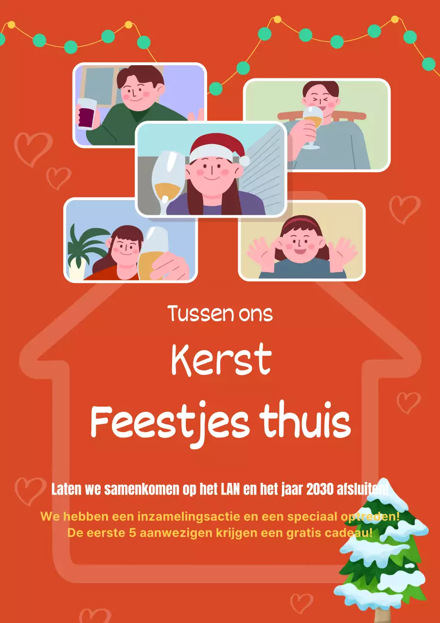Schattige geïllustreerde uitnodiging voor een kerstfeest thuis in rood