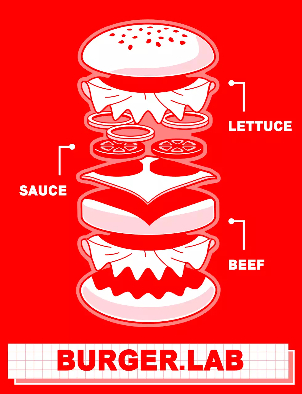 Clean design for a hamburger shop with red and white illustrations of hamburger ingredients