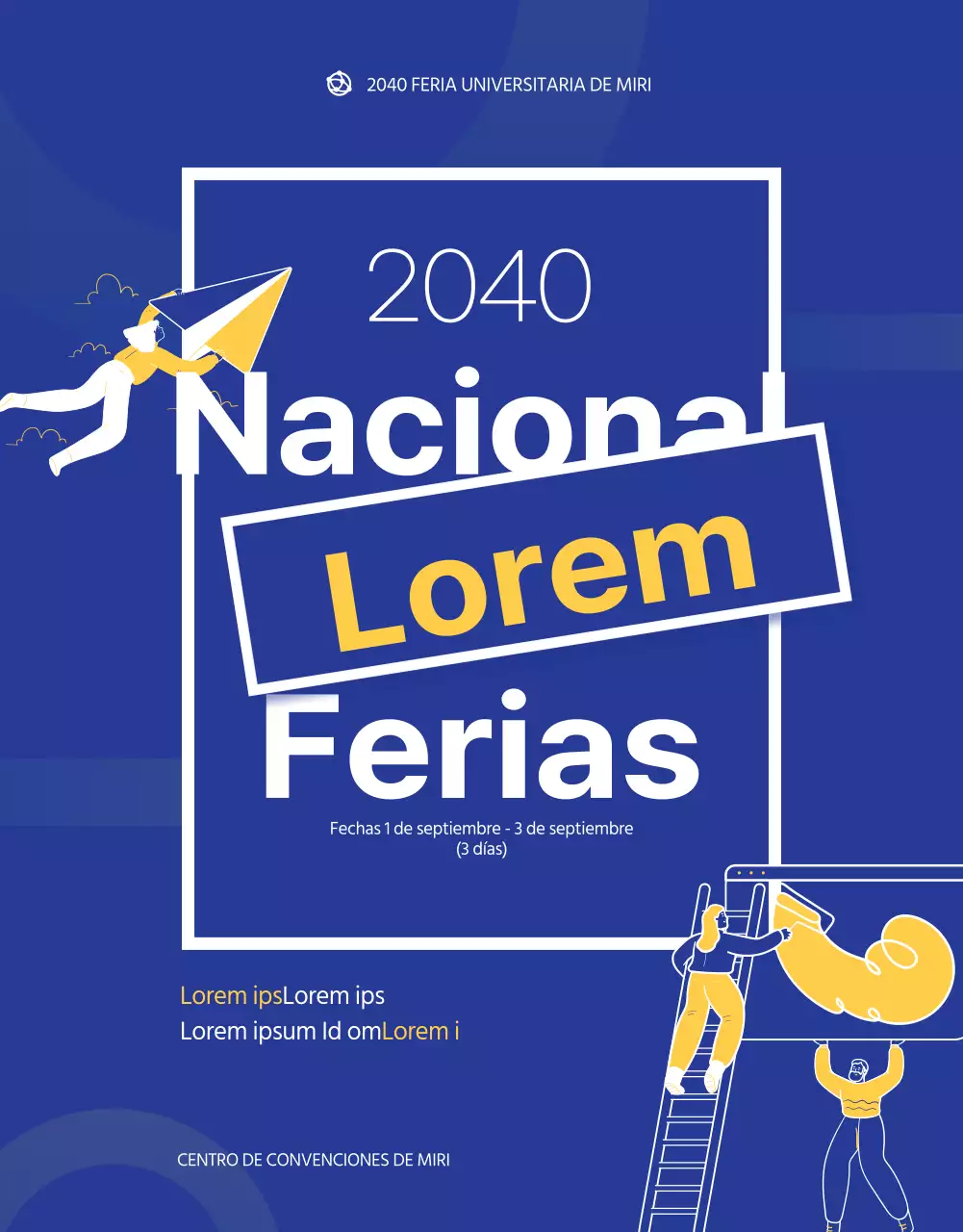 Ilustración azul y amarilla de una feria de admisión universitaria