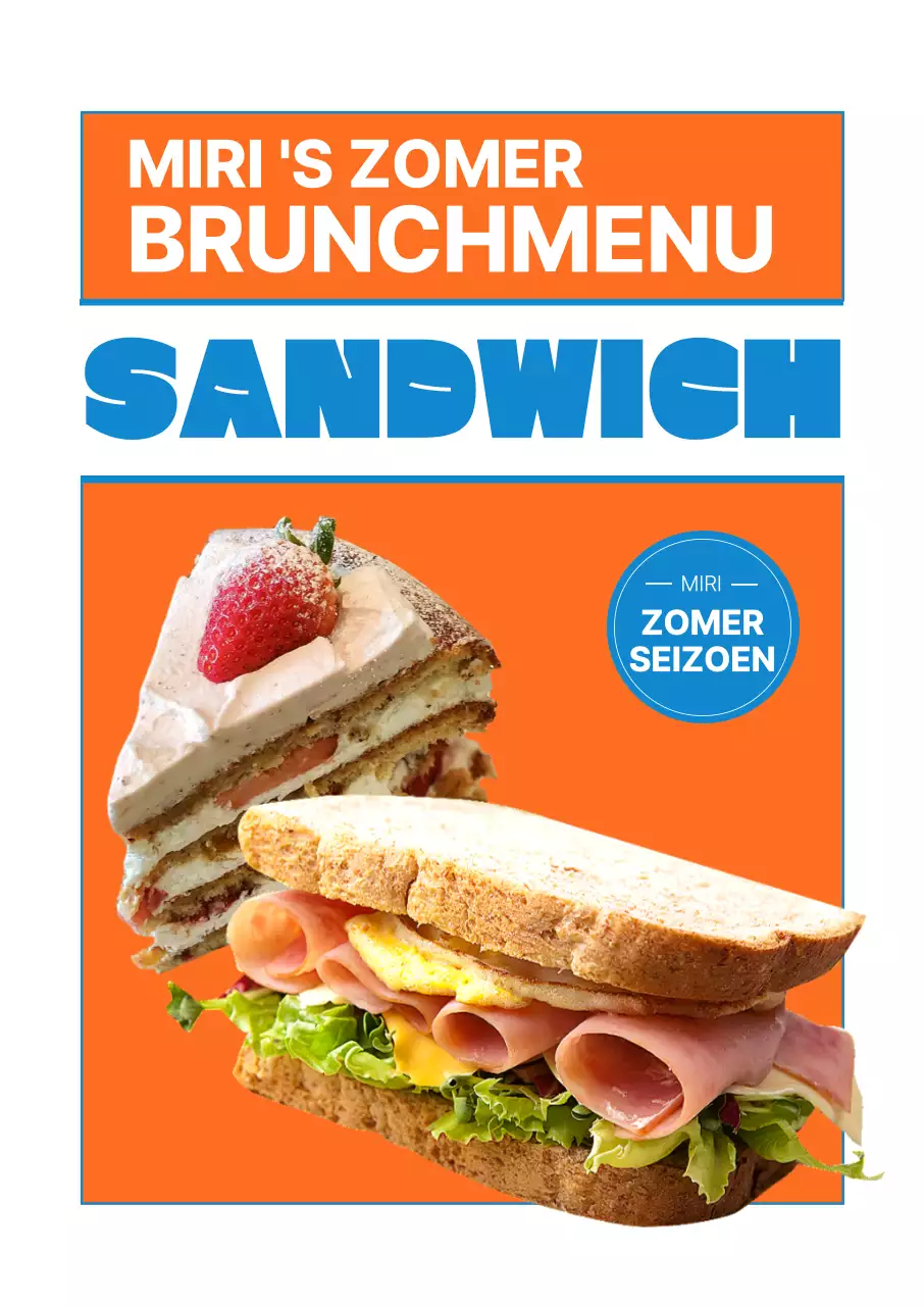 Het nieuwe oranje en blauwe zomerse brunchcafé-menu