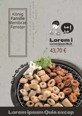 Bewerben Sie eine neue Speisekarte mit einem ruhigen, klaren Look mit braunen und grauen Fotos von köstlichen Speisen