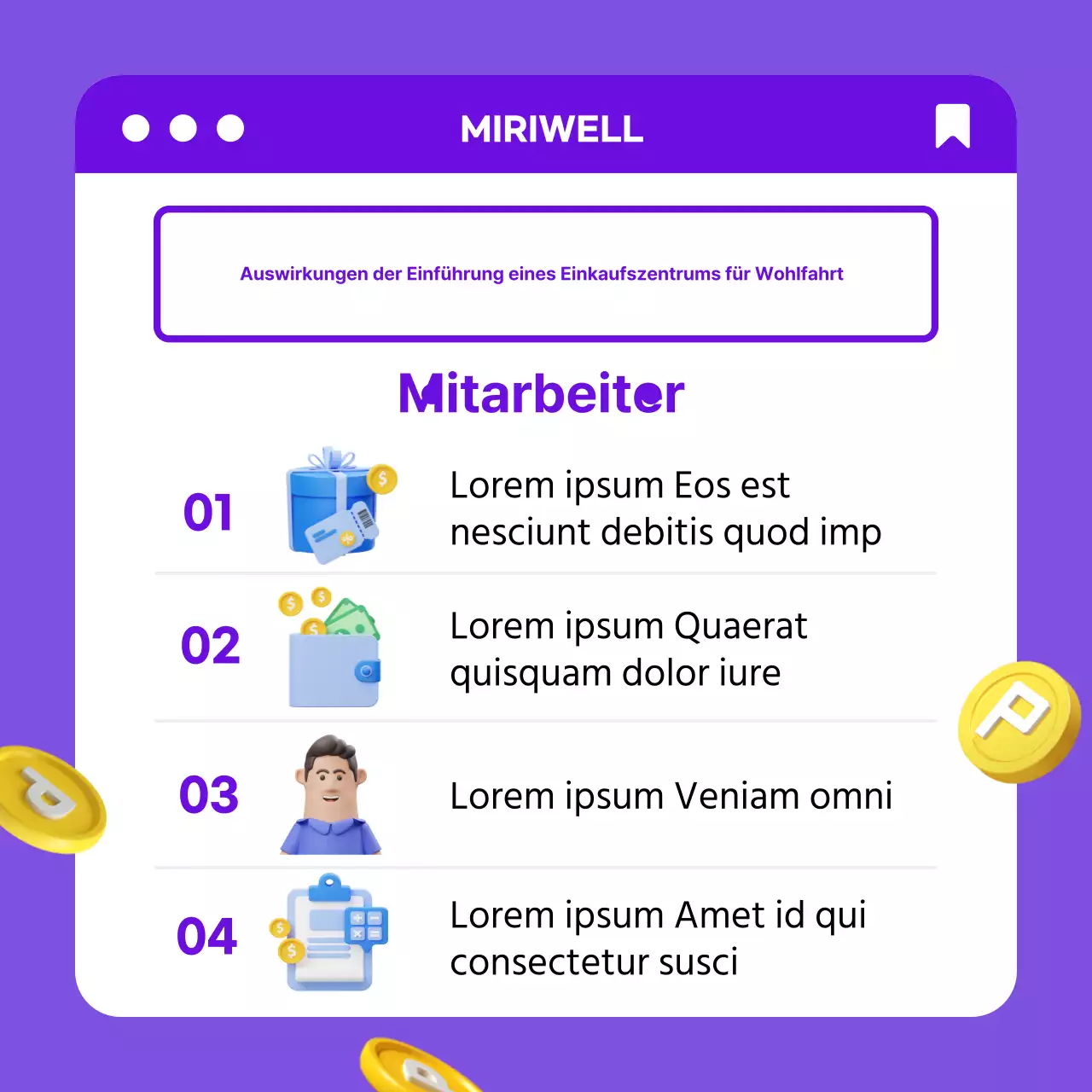 Ordentliches Corporate-Welfare-Einkaufszentrum Effekt mit lila-gelben 3D-Konzept CardNews