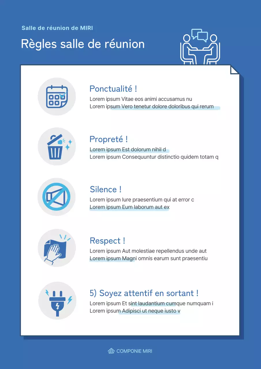 Icônes bleues simples pour la documentation sur les règles applicables aux salles de réunion