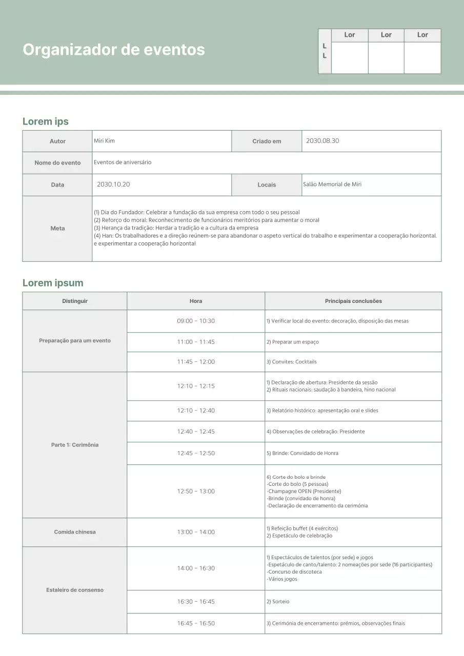 Um planeador de eventos verde, limpo e tabular
