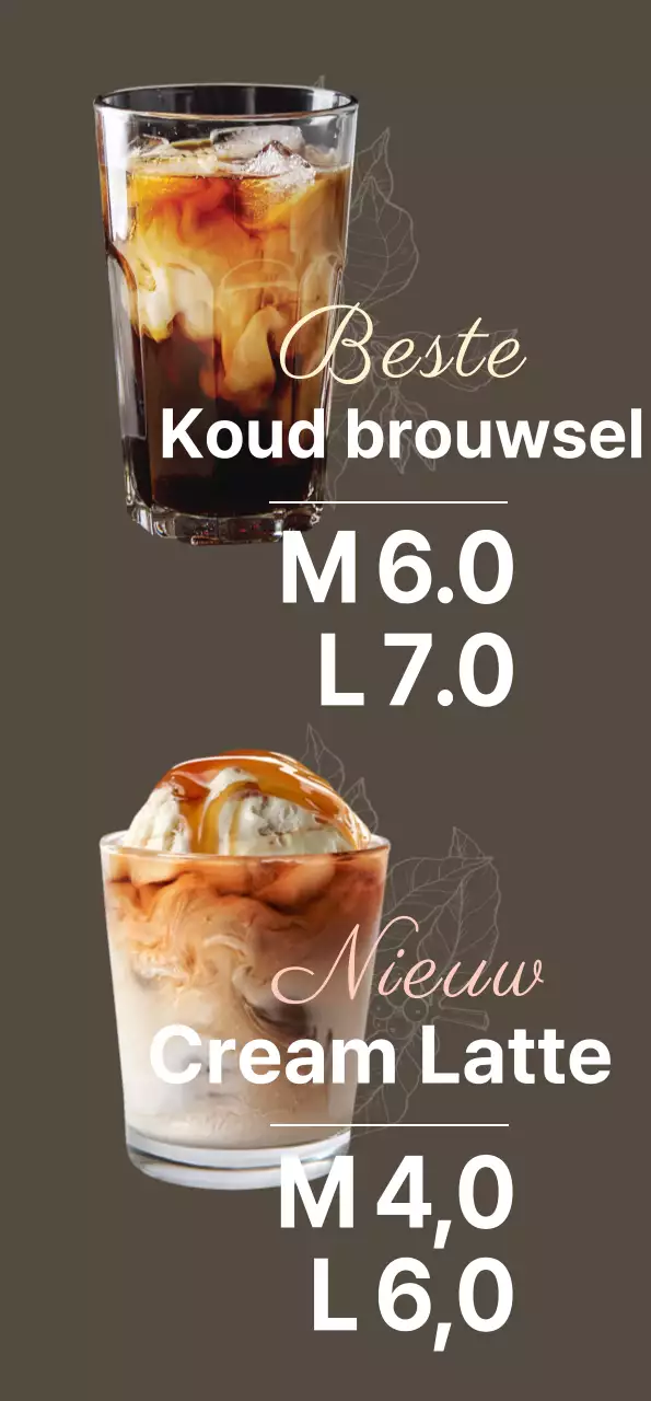 Monotone cafébanner met karamel latte en koud brouwsel in een sfeervol ontwerp op een donkere achtergrond