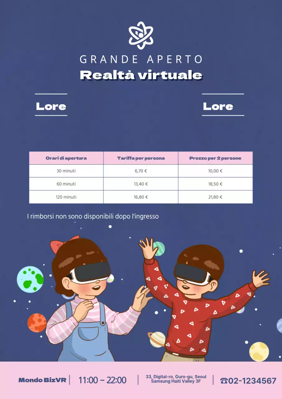 Volantino del menu per l'esperienza di realtà virtuale in blu navy e rosa.