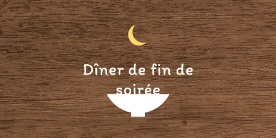 Enseigne de restaurant simple avec texte blanc et jaune et illustration d'une lune en forme de bol.