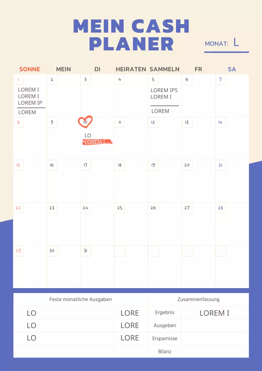 Einfache monatliche Ausgabenliste mit blauen und roten Titeln