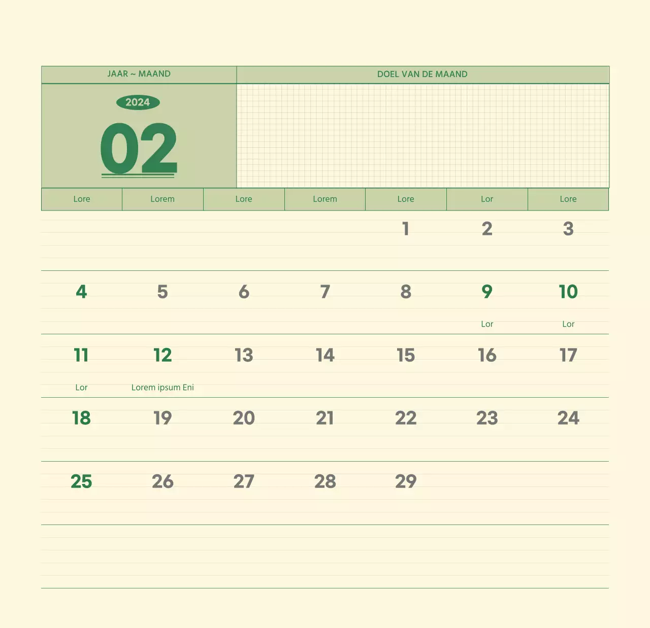 SAT D-day notitieblok concept wandkalender in groen en lichtgeel