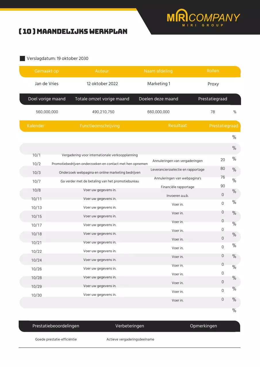 Een strak, geel en zwart maandelijks werkplan in tabelstijl