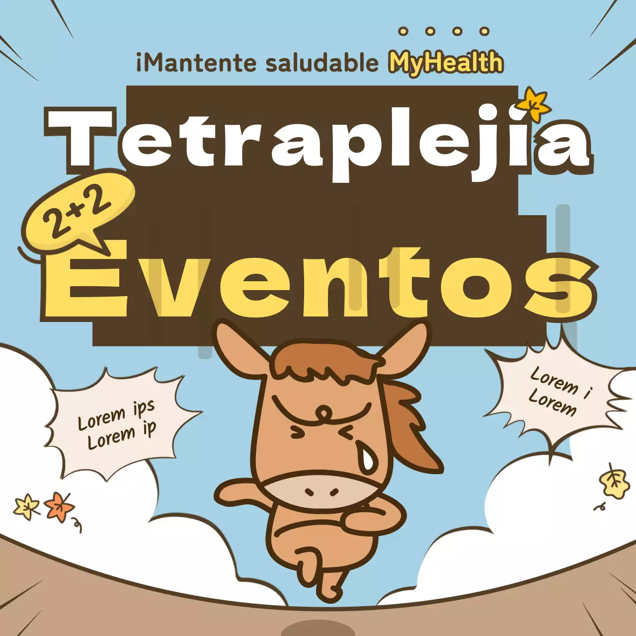 Evento otoñal con simpáticas ilustraciones en azul claro, marrón y amarillo