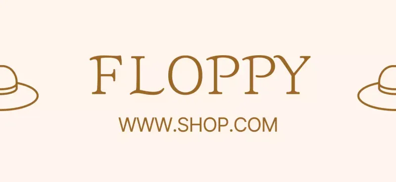 Thiết kế quảng cáo logo trung tâm mua sắm trực tuyến với hình minh họa mũ dễ thương màu hồng nhạt và nâu