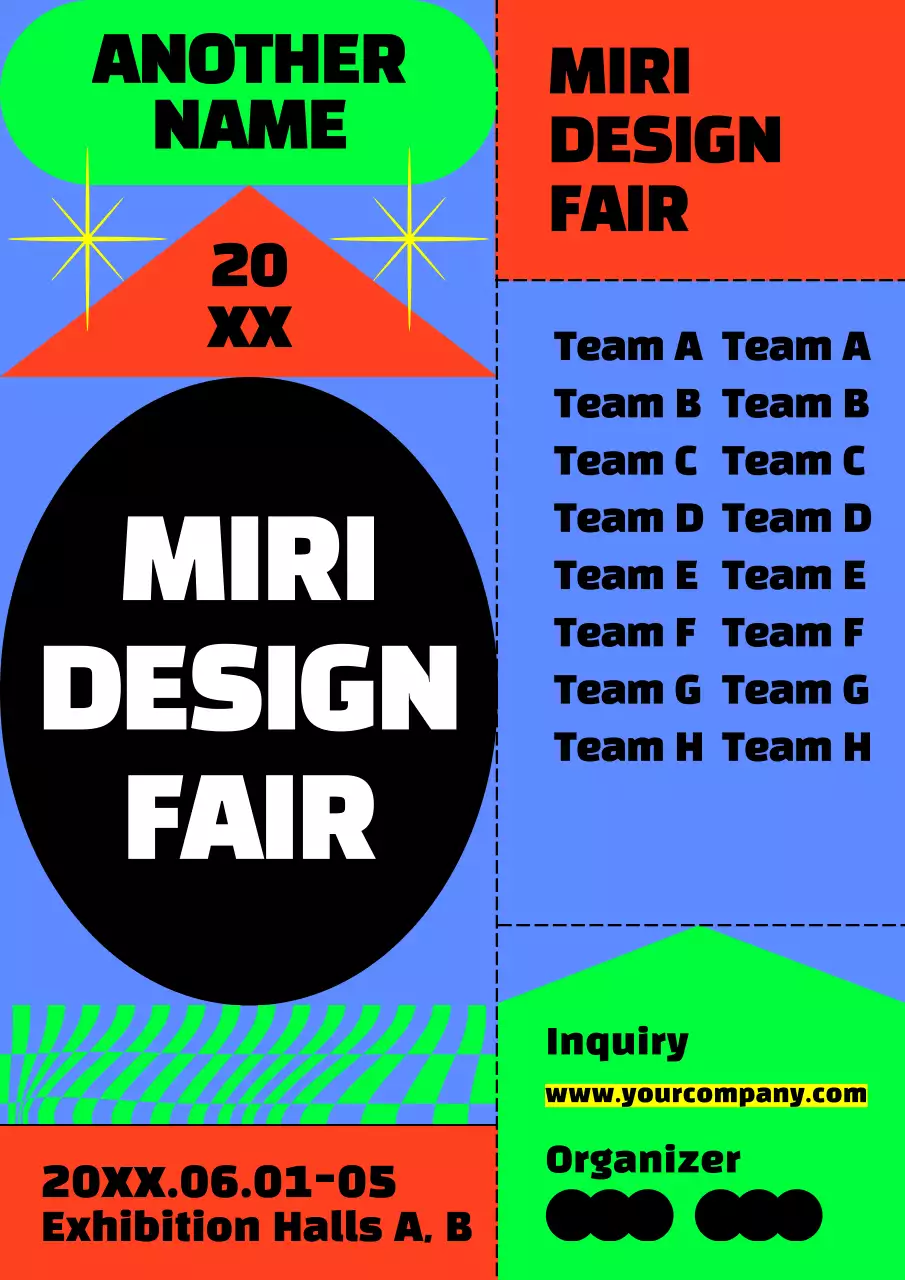 A vibrant design fair promotional piece with a colorful array of neon shapes.