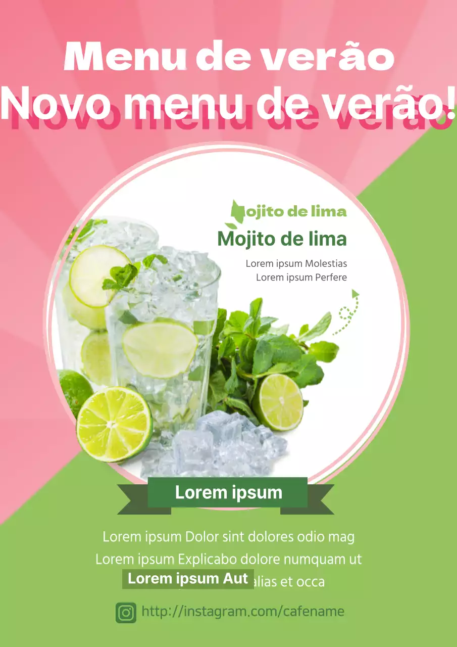 Promover e descontar o novo mojito de lima de verão do café em cor-de-rosa e menta.