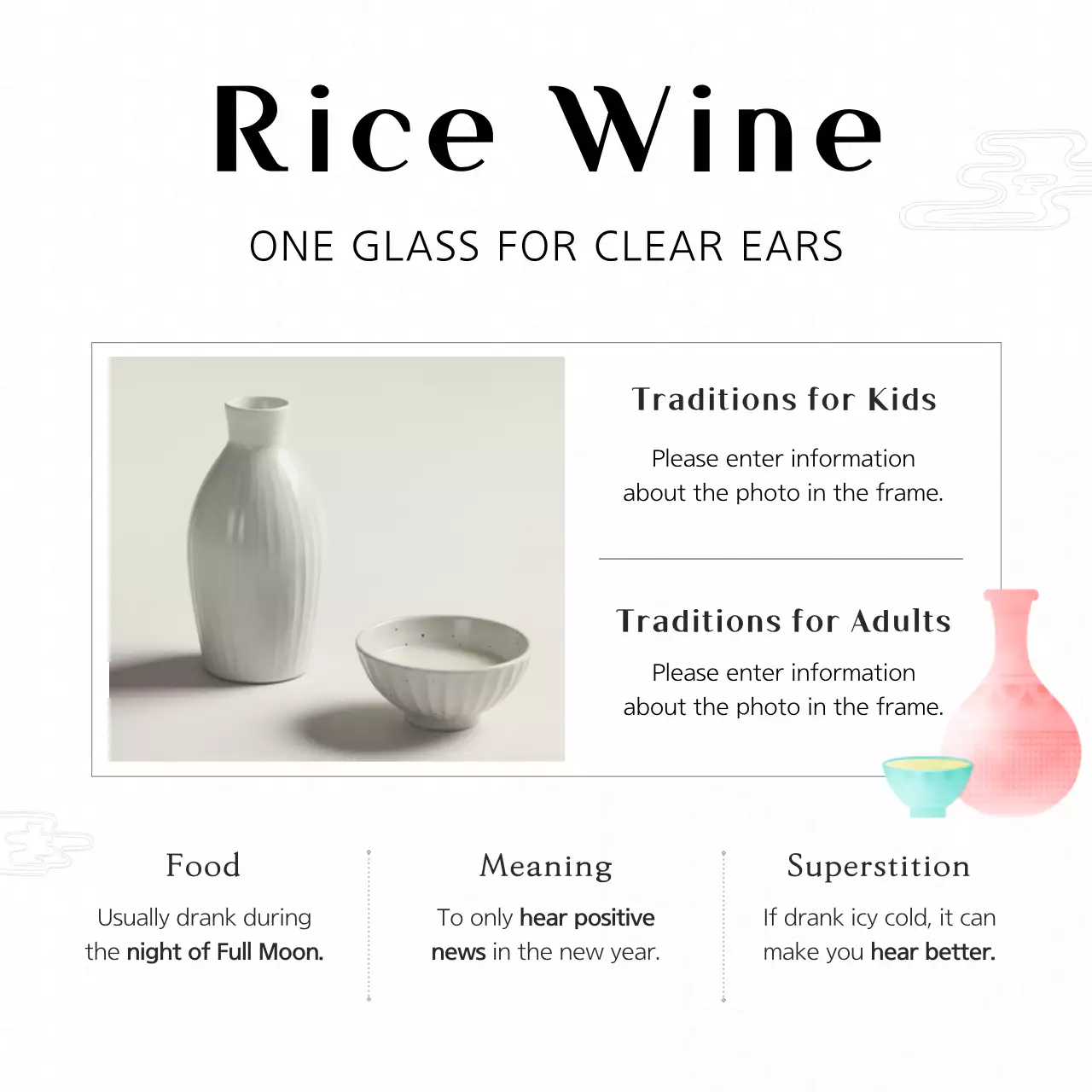 A clean, simple, and warm traditional illustration of the Korean holiday Chungmun Daebyeol with a white and black monotone.