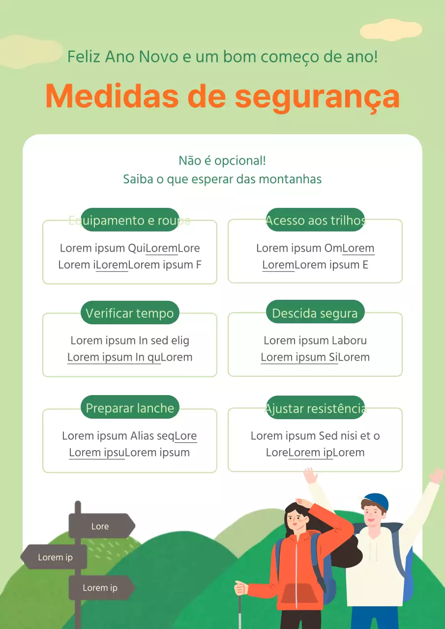 Ilustração verde e laranja dos conselhos de segurança para o Ano Novo nas montanhas