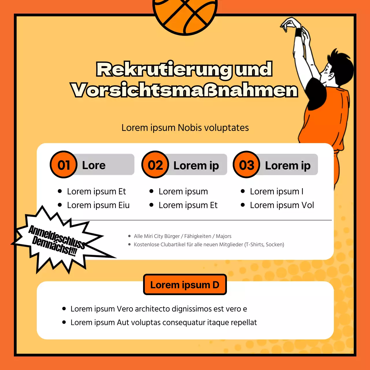 Rekrutierung für einen lustigen, kitschigen, orangefarbenen, cartoonartigen Basketballverein