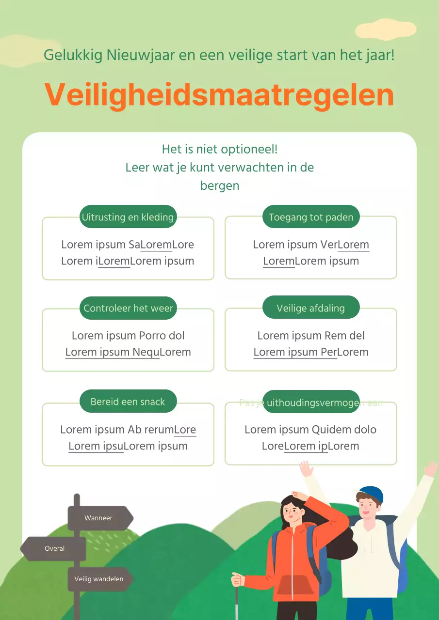 Groene en oranje illustratie van nieuwjaarstips voor veiligheid in de bergen