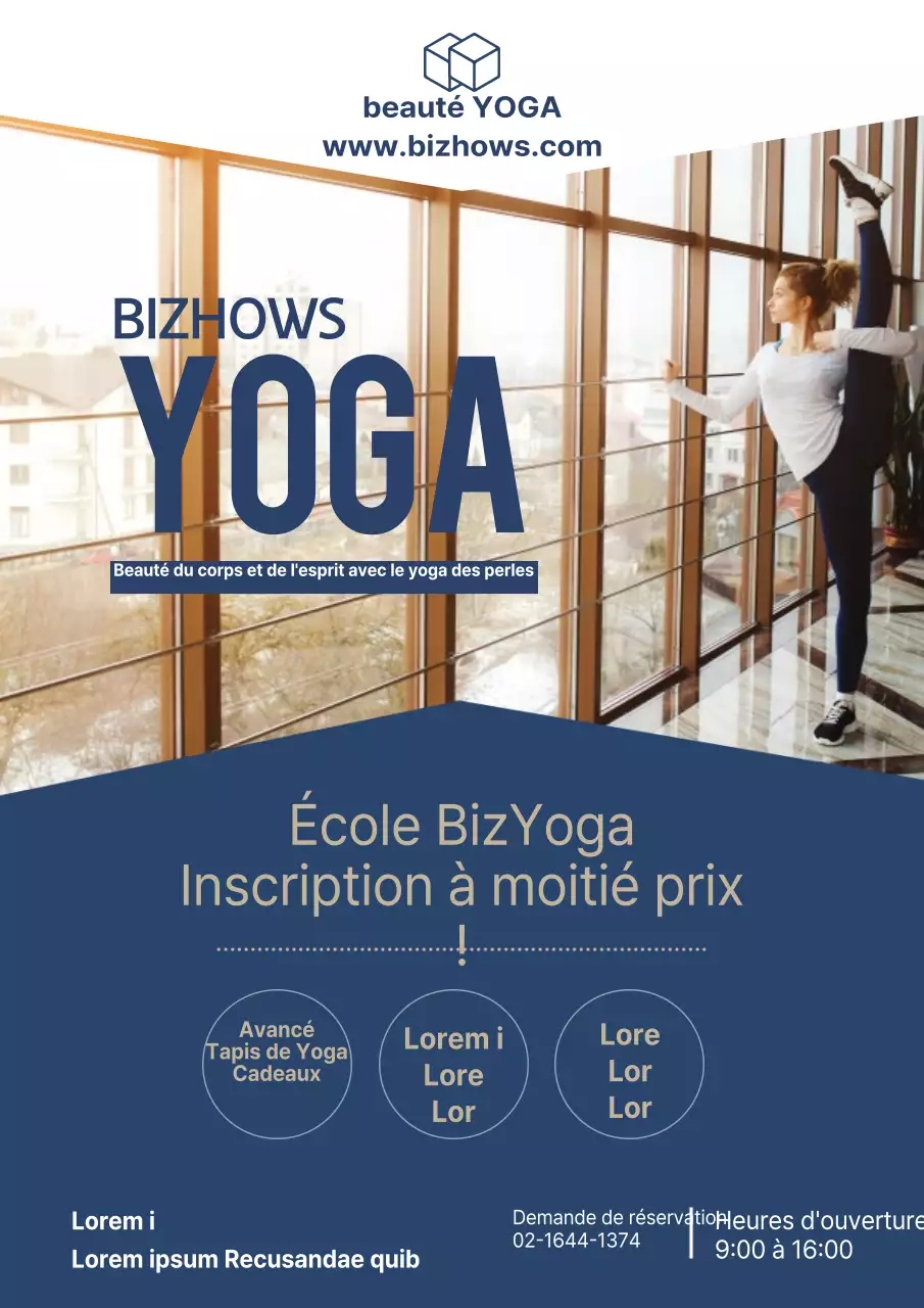 Flyer promotionnel d'un studio de yoga moderne bleu marine