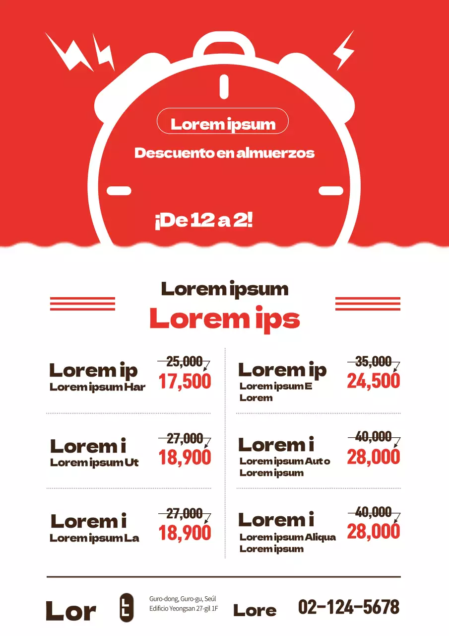 Promocione un descuento en su menú de almuerzo con una ilustración de un reloj rojo