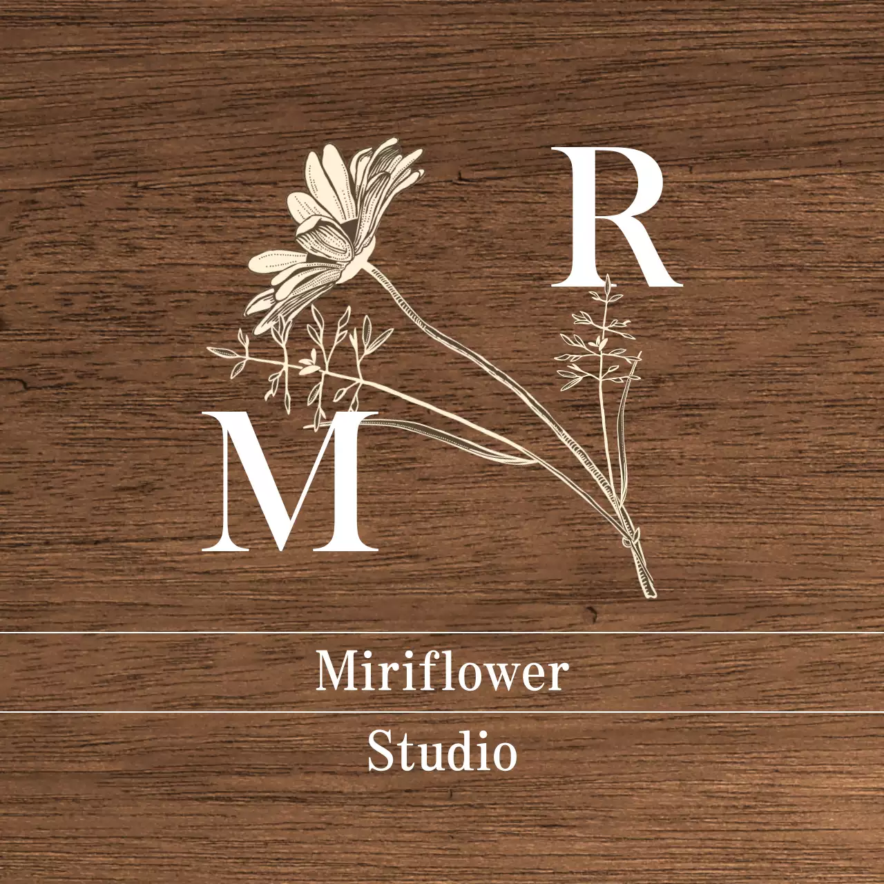 A vintage-inspired Flower Studio sign with white and ivory text and floral illustrations.