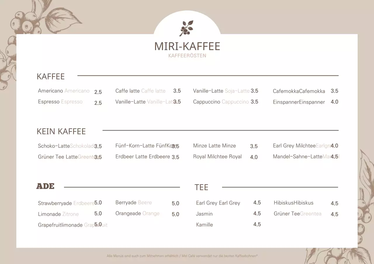 Braune botanische Illustration Café-Menü horizontales Poster