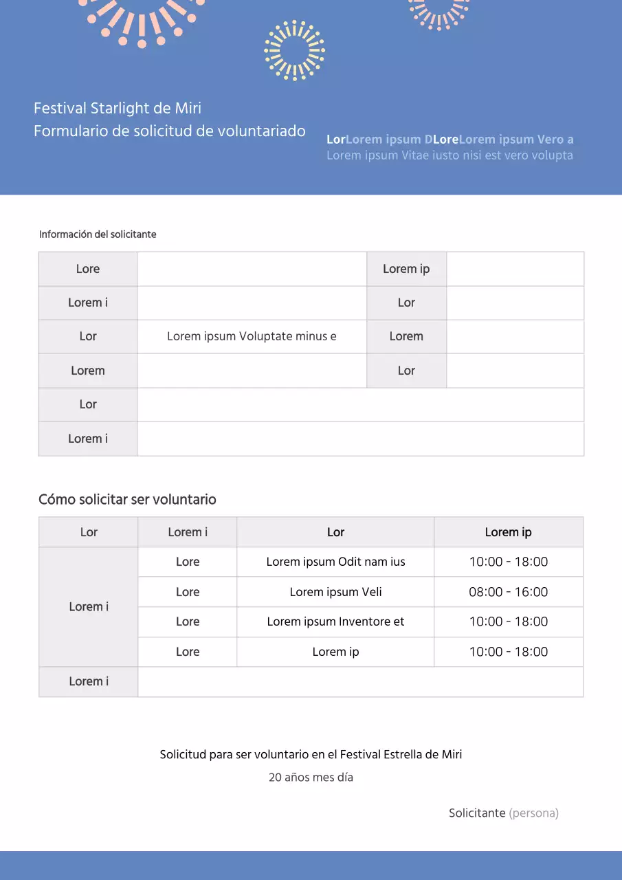 Modelo sencillo de solicitud de voluntariado para el festival bluetone