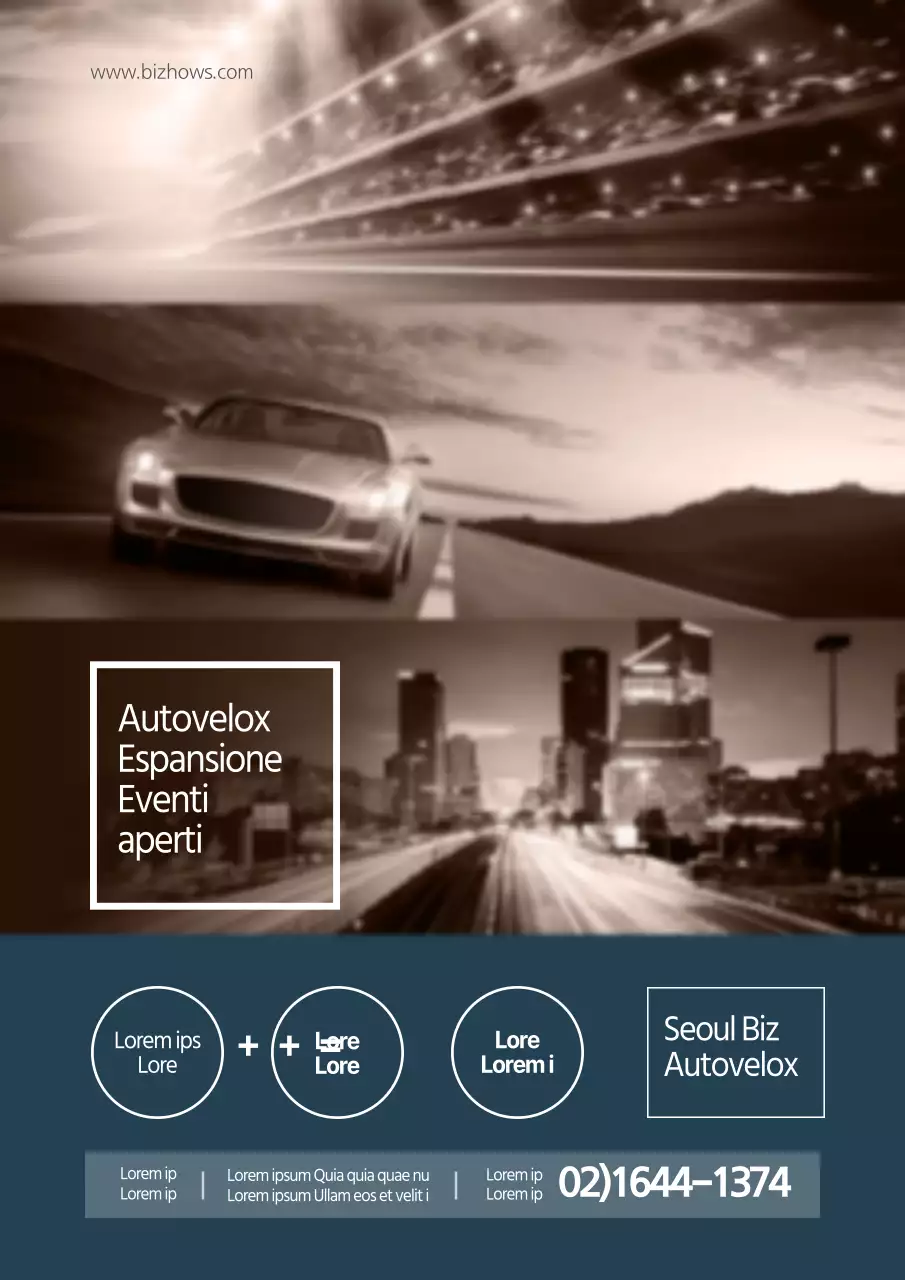 Promuovete un evento di classe in una concessionaria d'auto con foto di auto blu e marroni