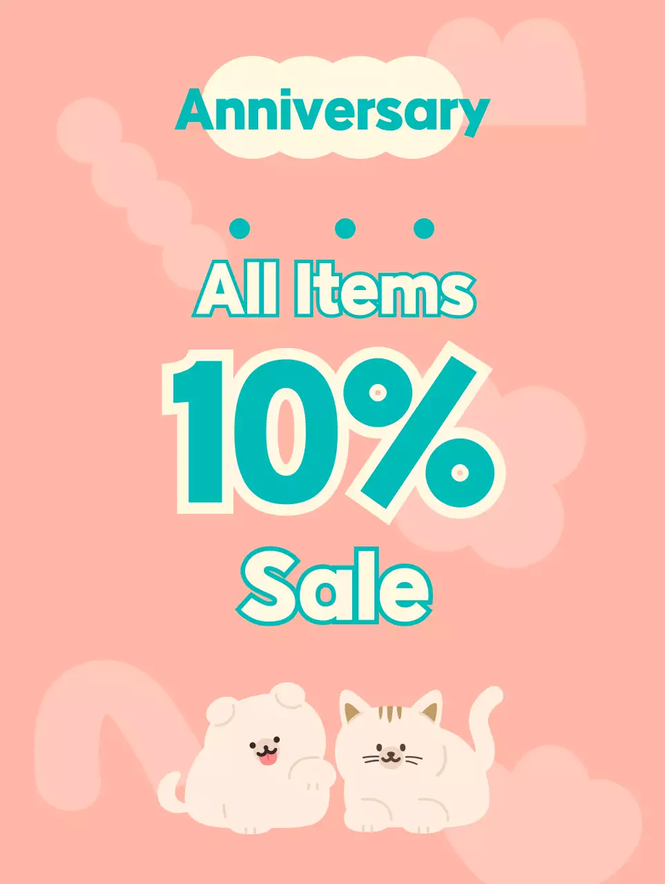 Toko perlengkapan hewan peliharaan tak berawak dengan ilustrasi karakter anjing dan kucing berwarna merah muda dan biru kehijauan yang lucu