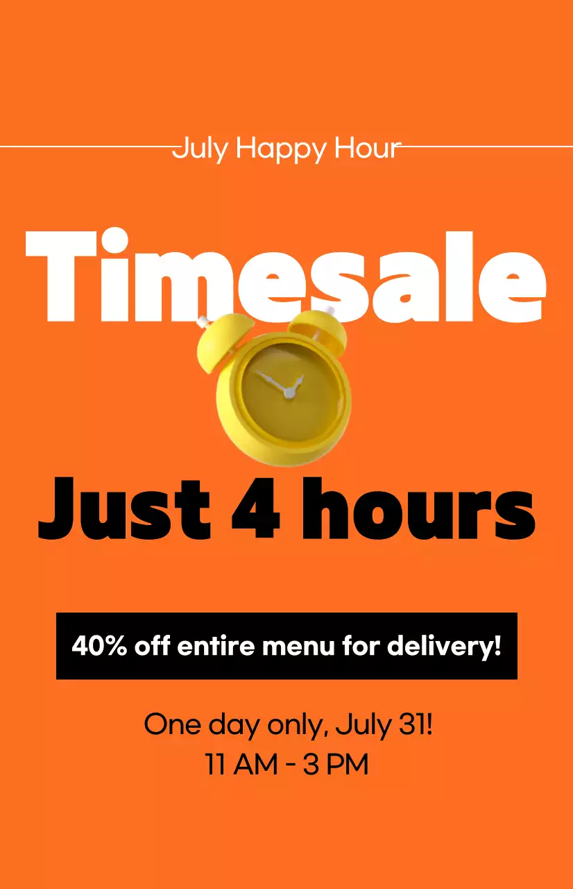 Uma promoção de saldos com uma imagem de um despertador sobre um fundo cor de laranja