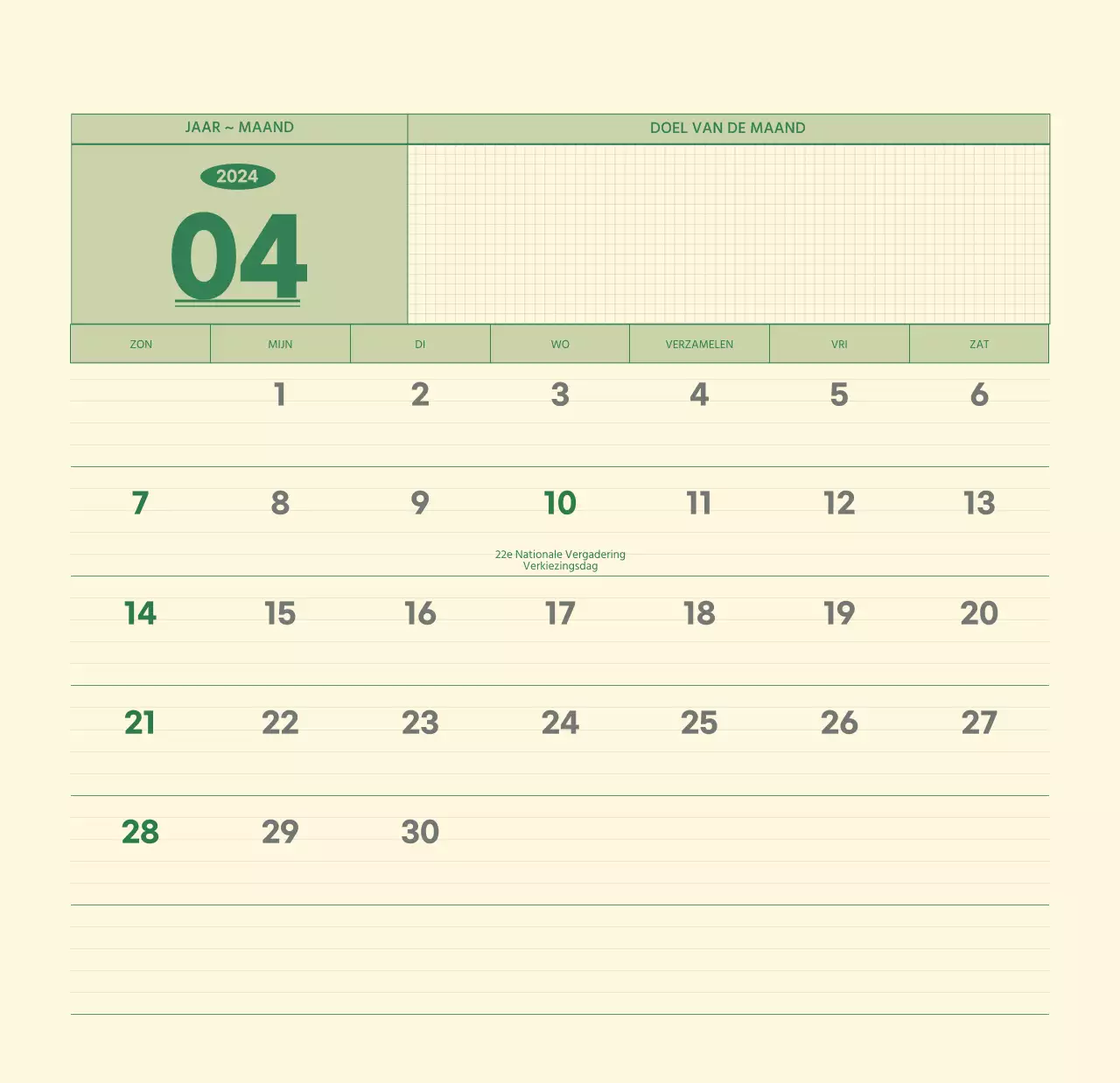 SAT D-day notitieblok concept wandkalender in groen en lichtgeel