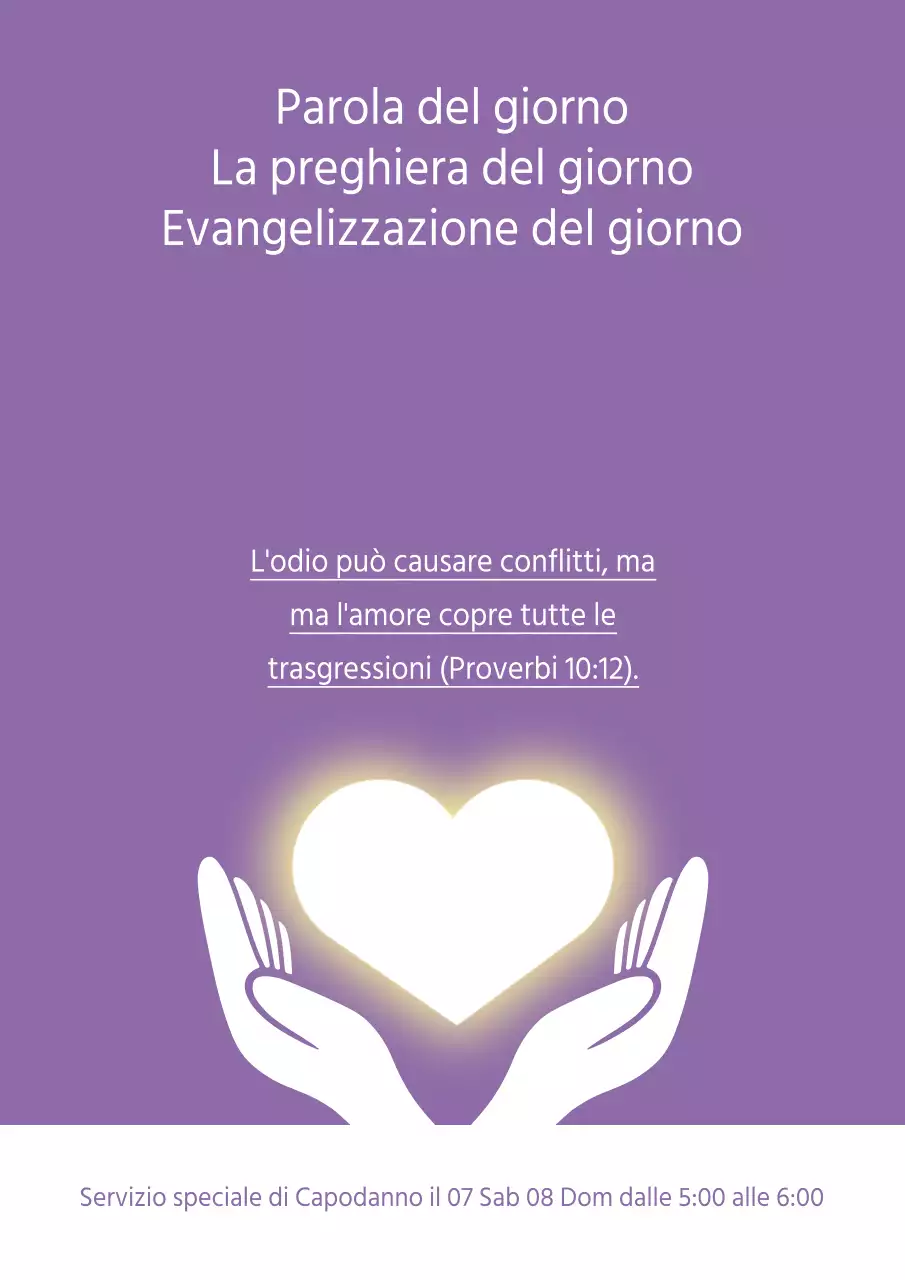 Promozione di un servizio speciale per il Capodanno con l'illustrazione di un cuore e di una mano viola.