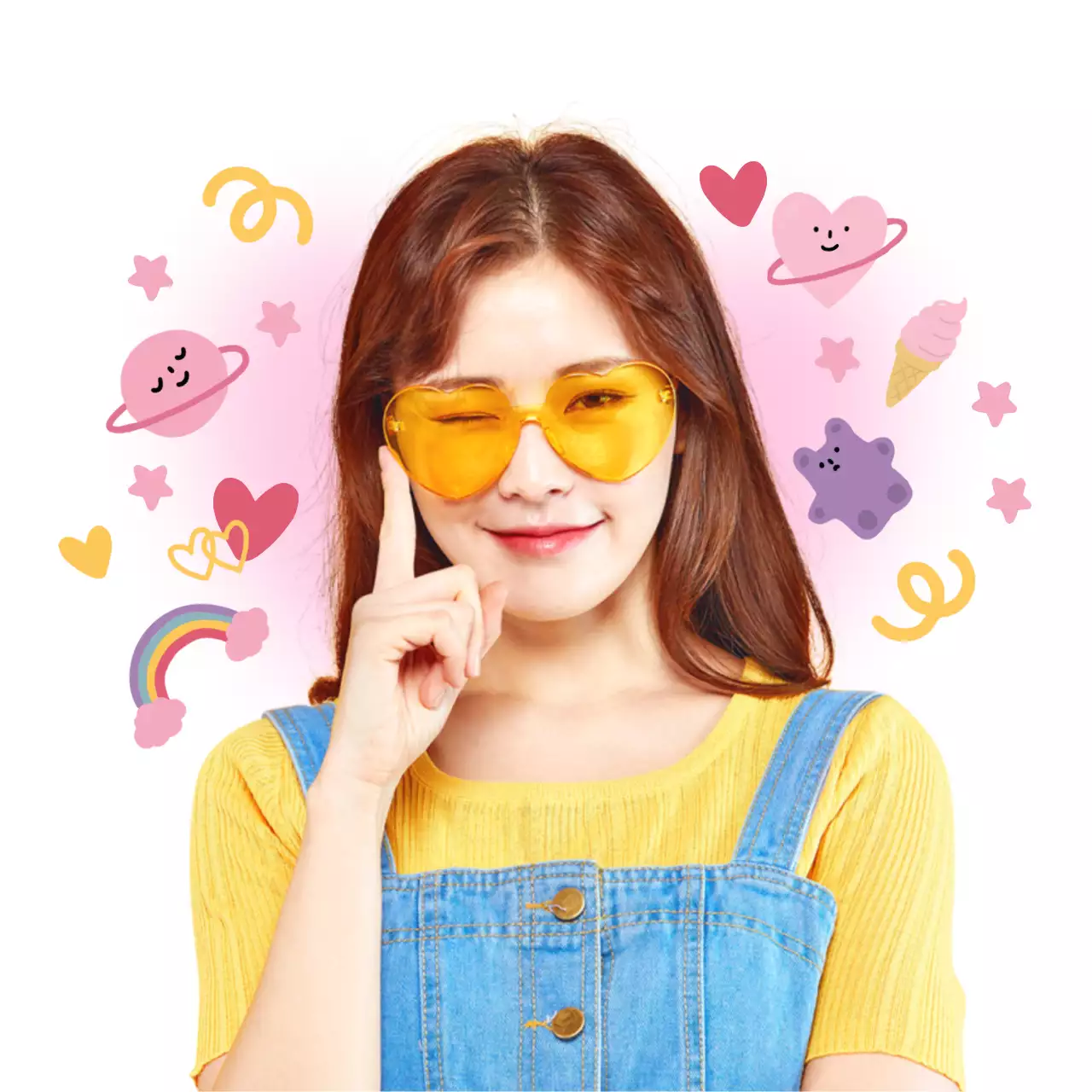 Portrait concept with a cute space character on a soft pink background