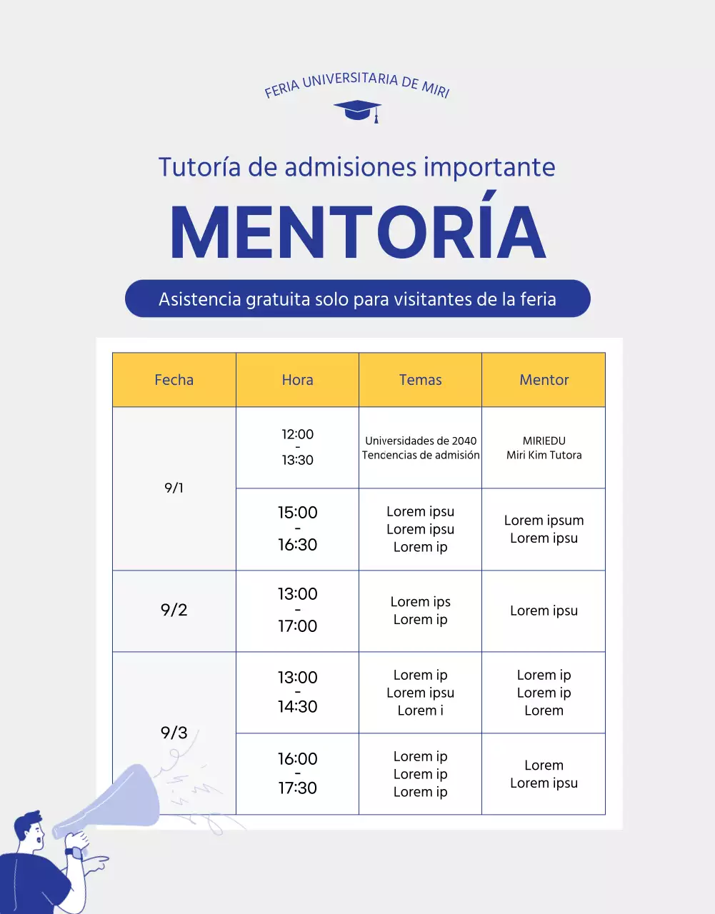 Ilustración azul y amarilla de una feria de admisión universitaria