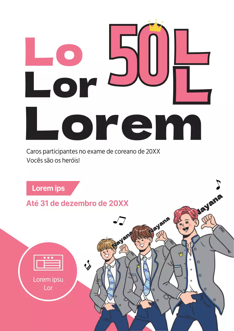Folheto promocional de saldos por tempo limitado ilustrado a rosa e branco