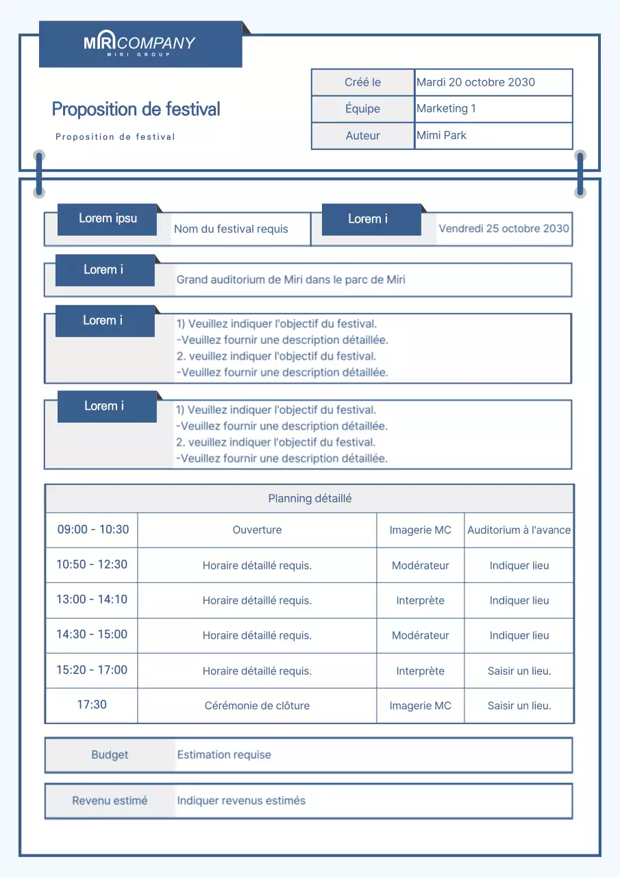 Un planificateur de festival avec un cadre bleu