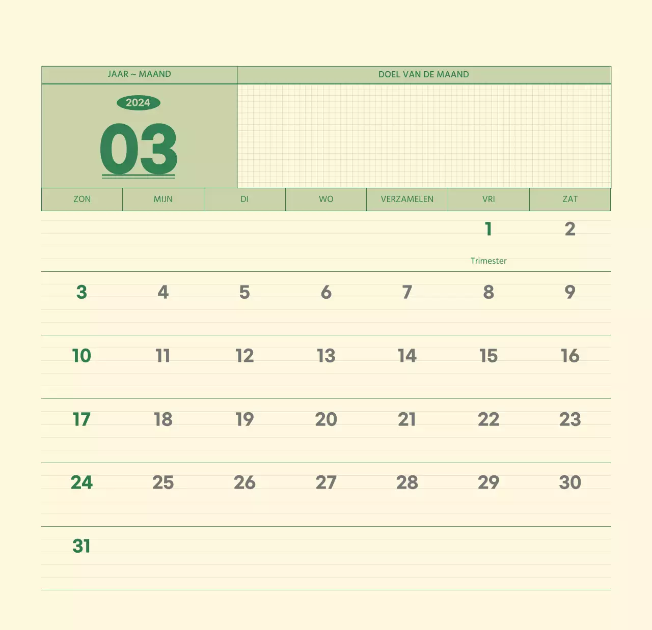 SAT D-day notitieblok concept wandkalender in groen en lichtgeel