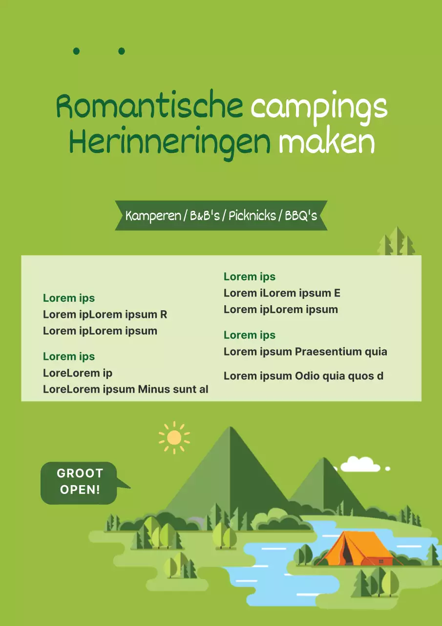 Promoot de opening van een schone camping met groene natuur en tentillustraties