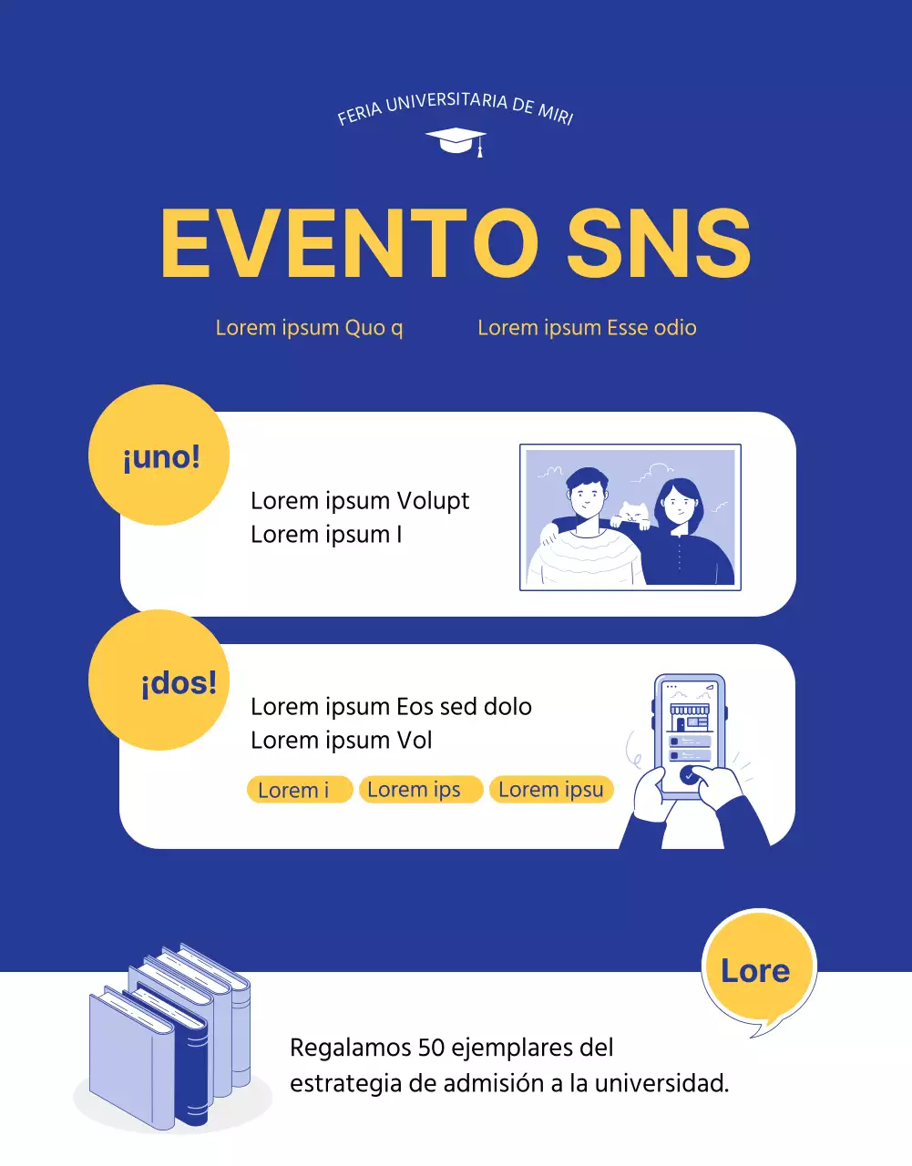 Ilustración azul y amarilla de una feria de admisión universitaria